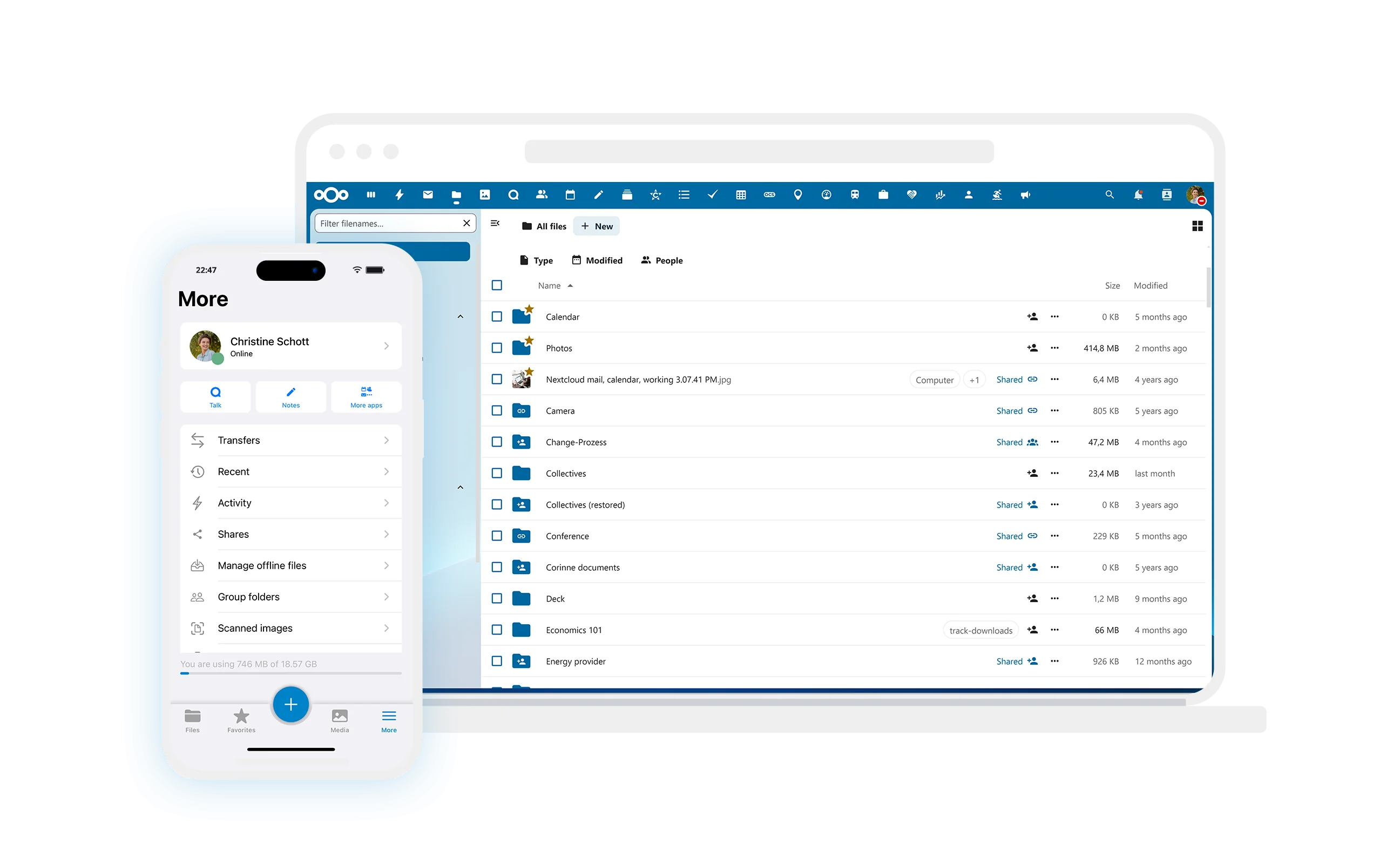 Clientes de escritorio y móvil de Nextcloud mostrando la sincronización de archivos entre dispositivos.